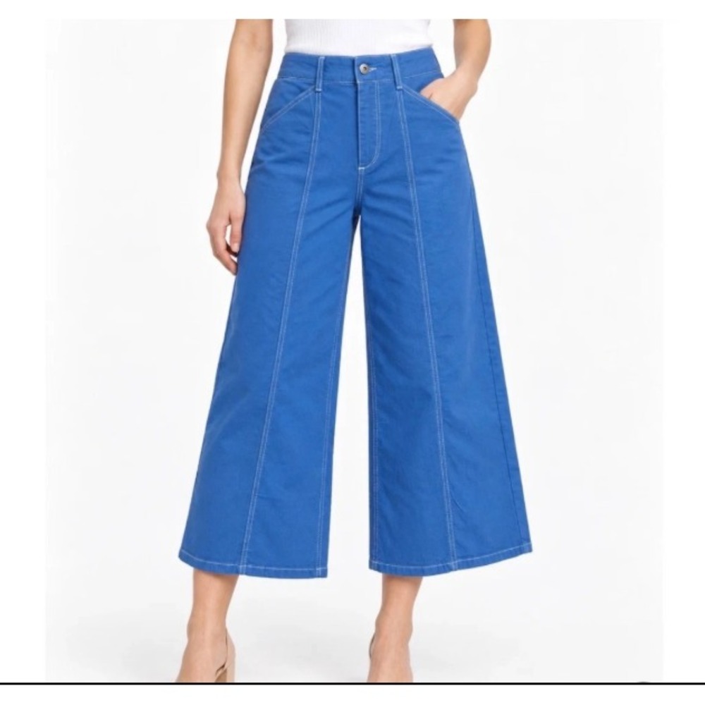 Anthropologie Maeve The Colette Crop Wide Leg Pants Blue Contrast Stitch Size 31